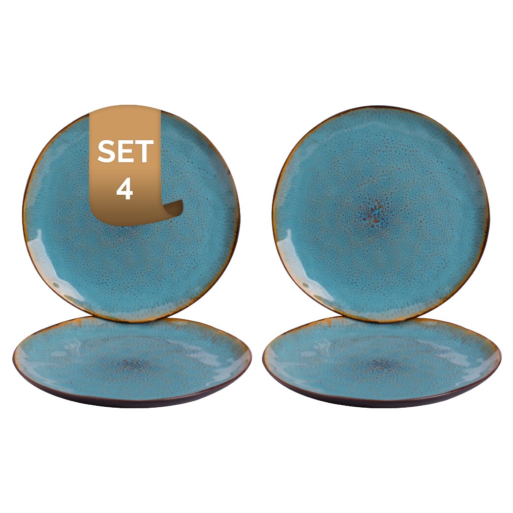 4 x palmer Lotus Teller flach, Steinzeug, Ø 27,5 cm, für ein 4 Personen Gedeck, außen dunkelbraun matt, innen türkis glänzend, Farbverlauf.