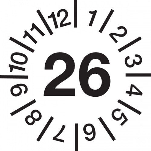 Jahresprüfplaketten ab 26, Jahresfarben, Dokumentenfolie, Ø 10 - 30 mm - Bogen = 10 Plaketten - 30 mm Dokumentenfolie selbstklebend