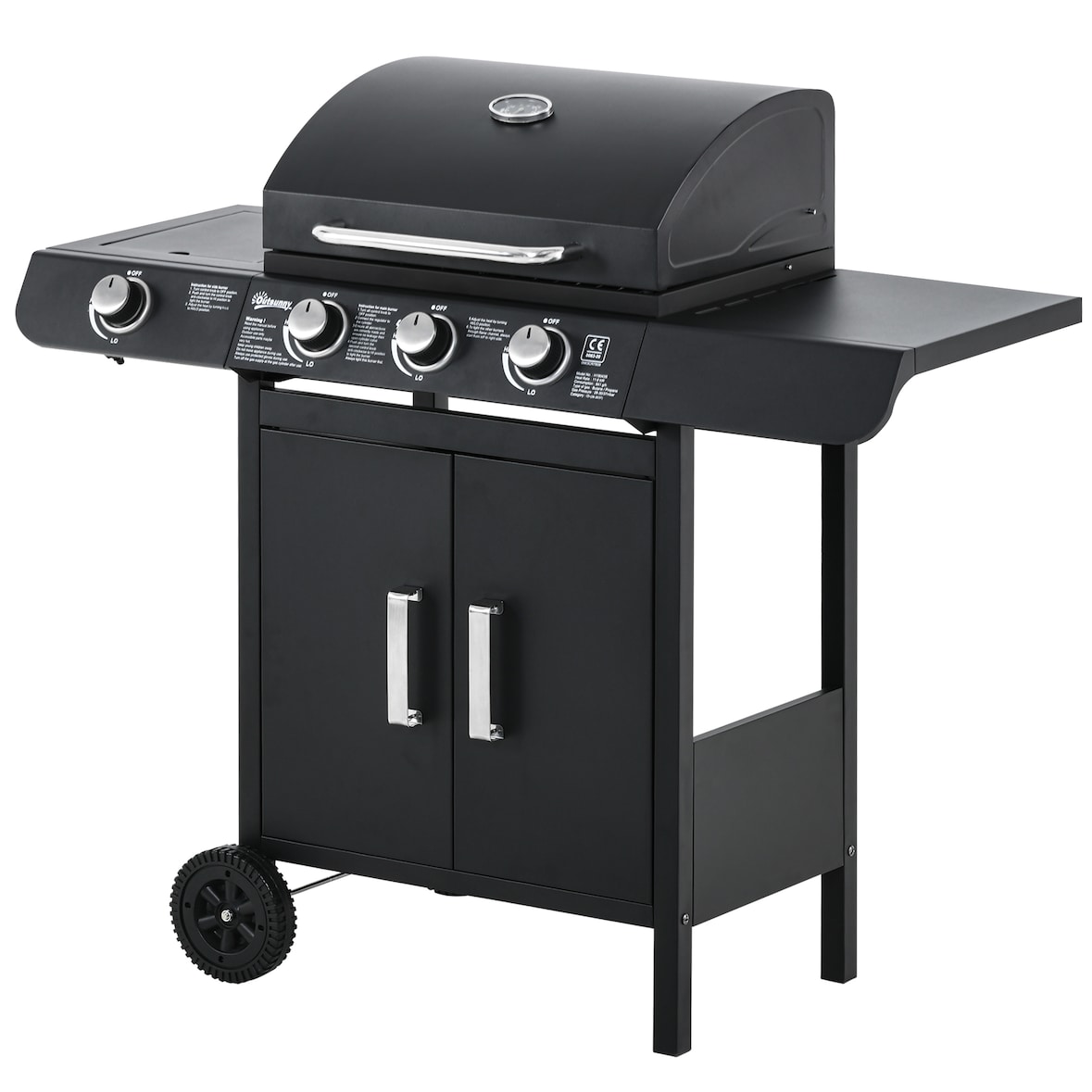 Outsunny Barbecue a Gas con Coperchio e Termometro, Fornello e 2 Ruote