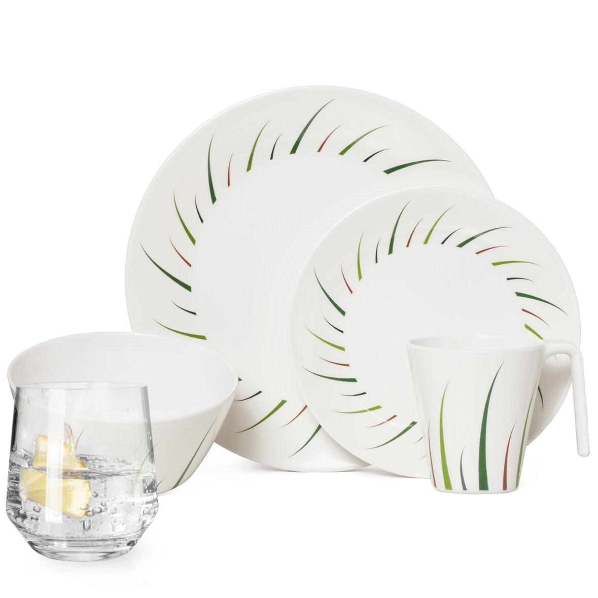 Melamin Geschirr-Set 4 Personen Limon Design 16 Teilig + Milano Gläser Wassergläser Tafelgeschirr Picknick BBQ Kochgeschirr