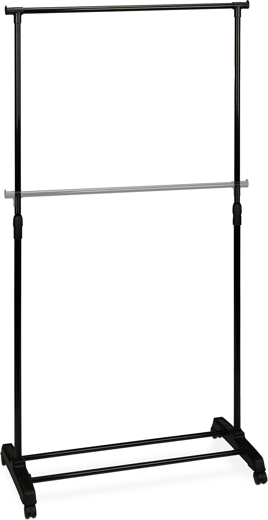 Relaxdays Fahrbarer Kleiderständer, stabile Rollgarderobe mit Ablage, Eisen, höhenverstellbar 102,5 - 180,5 cm, schwarz