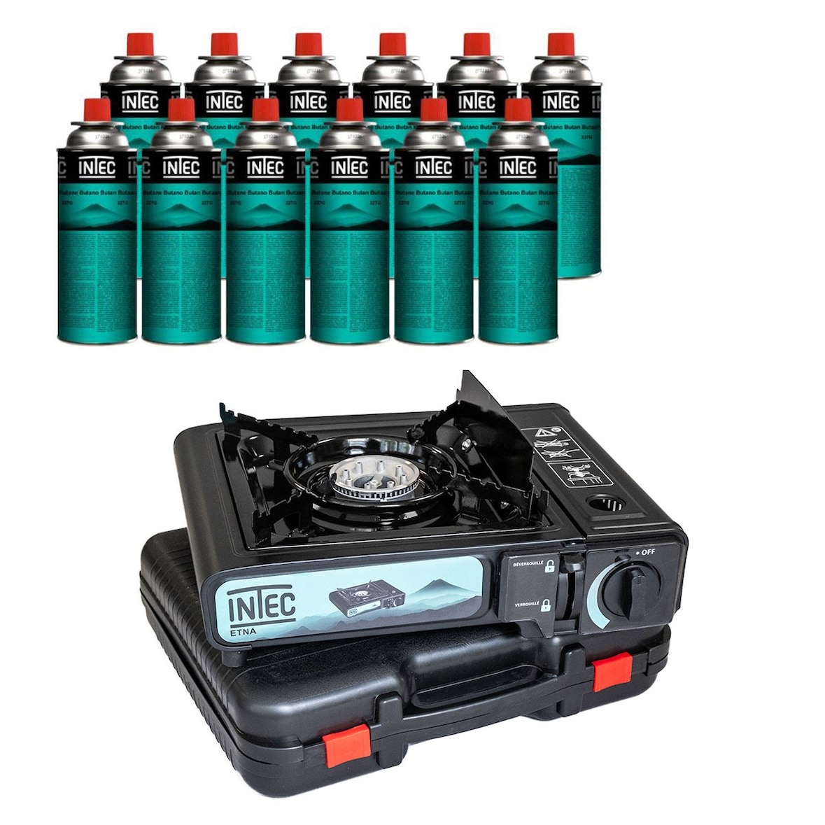 Draagbare gaskachel 2200W + 12 butaangaspatronen - Roadtrips Piezo Etna INTEC koffer