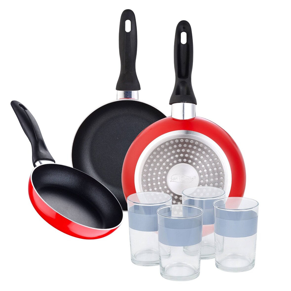 BERGNER - Set aus 3 Pfannen Ø16/Ø20/Ø24 cm aus gepresstem Aluminium, geeignet für Induktion Navy Red 4er-Set Gläser 0,5 L NOIA
