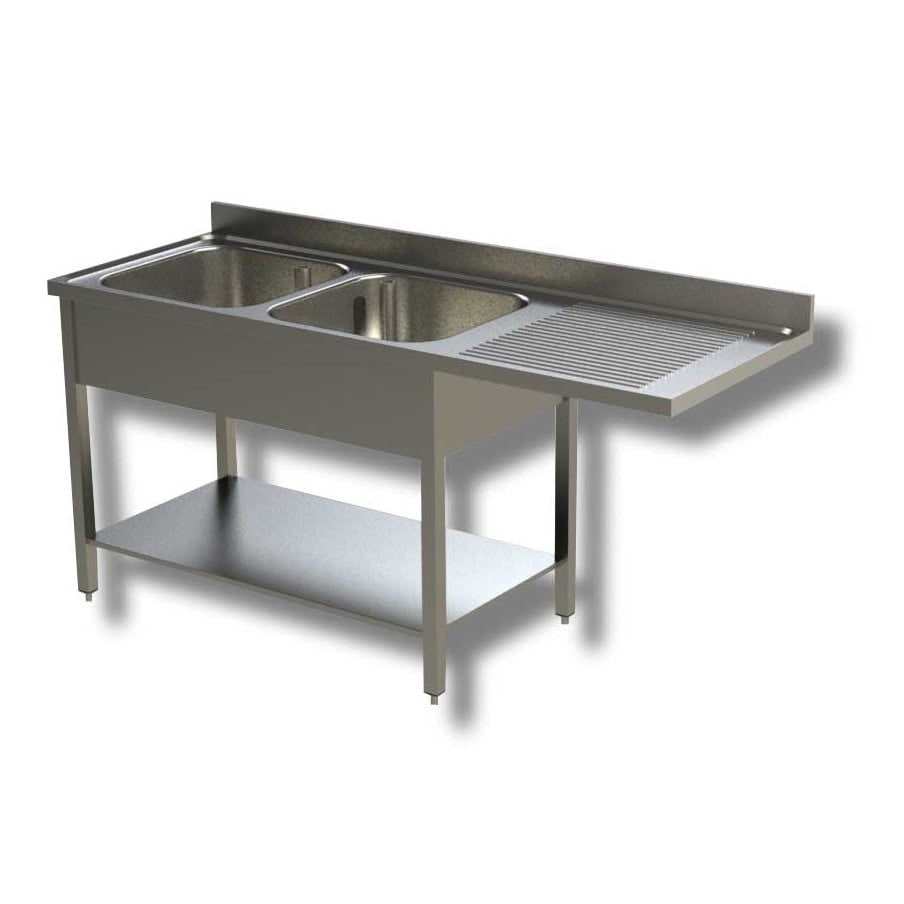 Lavello in Acciaio Inox - Professionale, per Cucine Ristoranti e Pizzerie - 2 Vasche, Gocciolatoio a Sbalzo a Dx - 160x70x85h