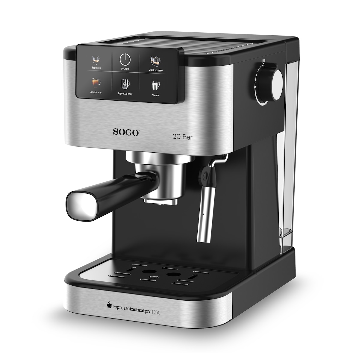 Macchina da Caffè Espresso SOGO INSTANTPRO 1350 | 20 Bar, Termoblocco Rapido, Pannello Tattile | Caffettiera con Vaporizzatore e Serbatoio 1.5L