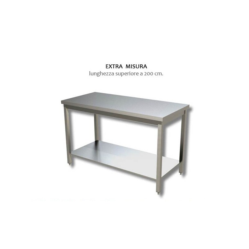 Tavolo inox con ripiano di fondo, senza alzatina posteriore. - Lunghezza superiore cm. 200 - Dim.cm. 300x70x85H, AISI 304