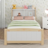 thumbnail of Stauraumbett 90x200 cm mit integriertem Bücherregal Taschenfederkernmatratze Holz Konstruktion niedriger Fußteil modernes Design Grau Weiß