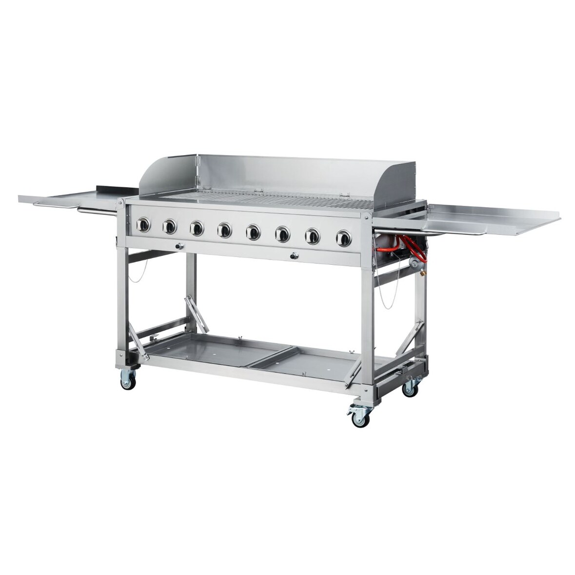 METRO PROFESSIONAL Barbecue à gaz 8 brûleurs, surface de cuisson 49 x 120 cm, tablette latérale, mobile, housse de protection, acier inox, argenté