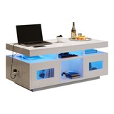 thumbnail of Moderner Couchtisch Weiß mit LED-Beleuchtung, USB-Anschluss, Stauraum, Rebound-Schranktüren, Halboffene Fächer, Kompakt 100x50x43 cm