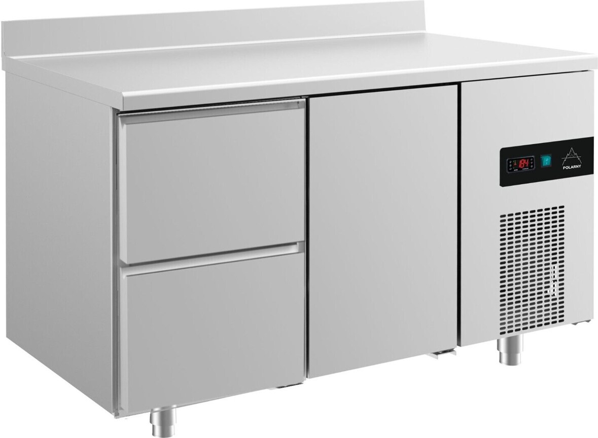 Gastro Kühltisch Umluftkühlung 2 Schubladen linke Seite 1 Tür rechts Aufkantung, 1400x700x850mm -2/+8°C 281l