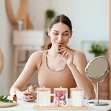 thumbnail of Relaxdays Wattestäbchenbehälter mit Tablett, 3 Becher m. Deckel, Kosmetik Organizer Kunststoff/Bambus, transparent/natur