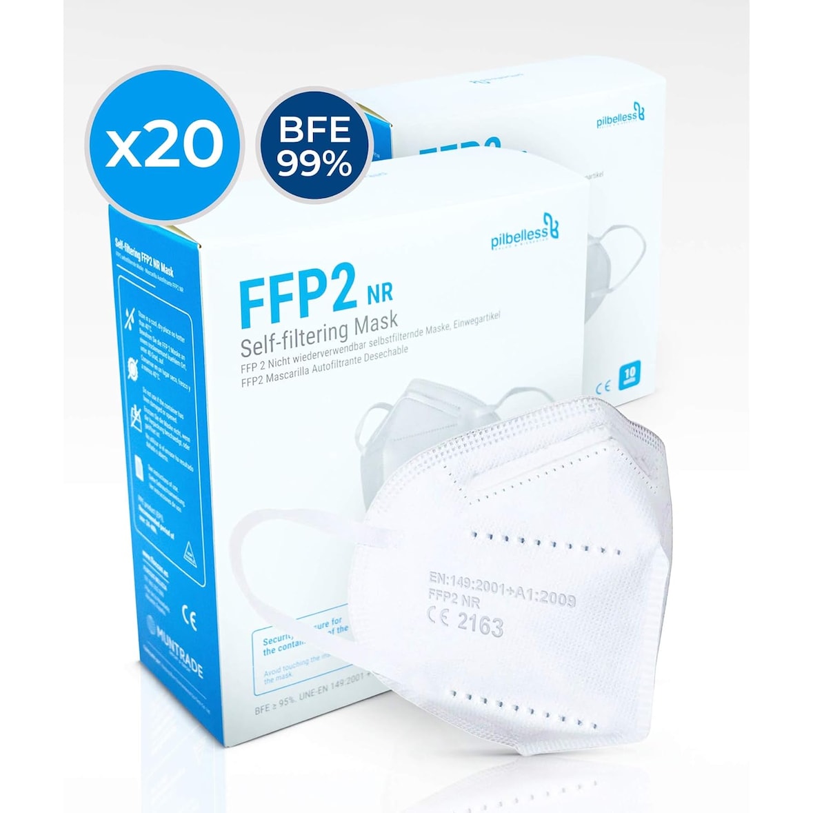 Mascarilla FFP2 Color Blanca - (Caja 20 Unidades). Certificado CE - Ultraresistente ≥99% anti-filtración