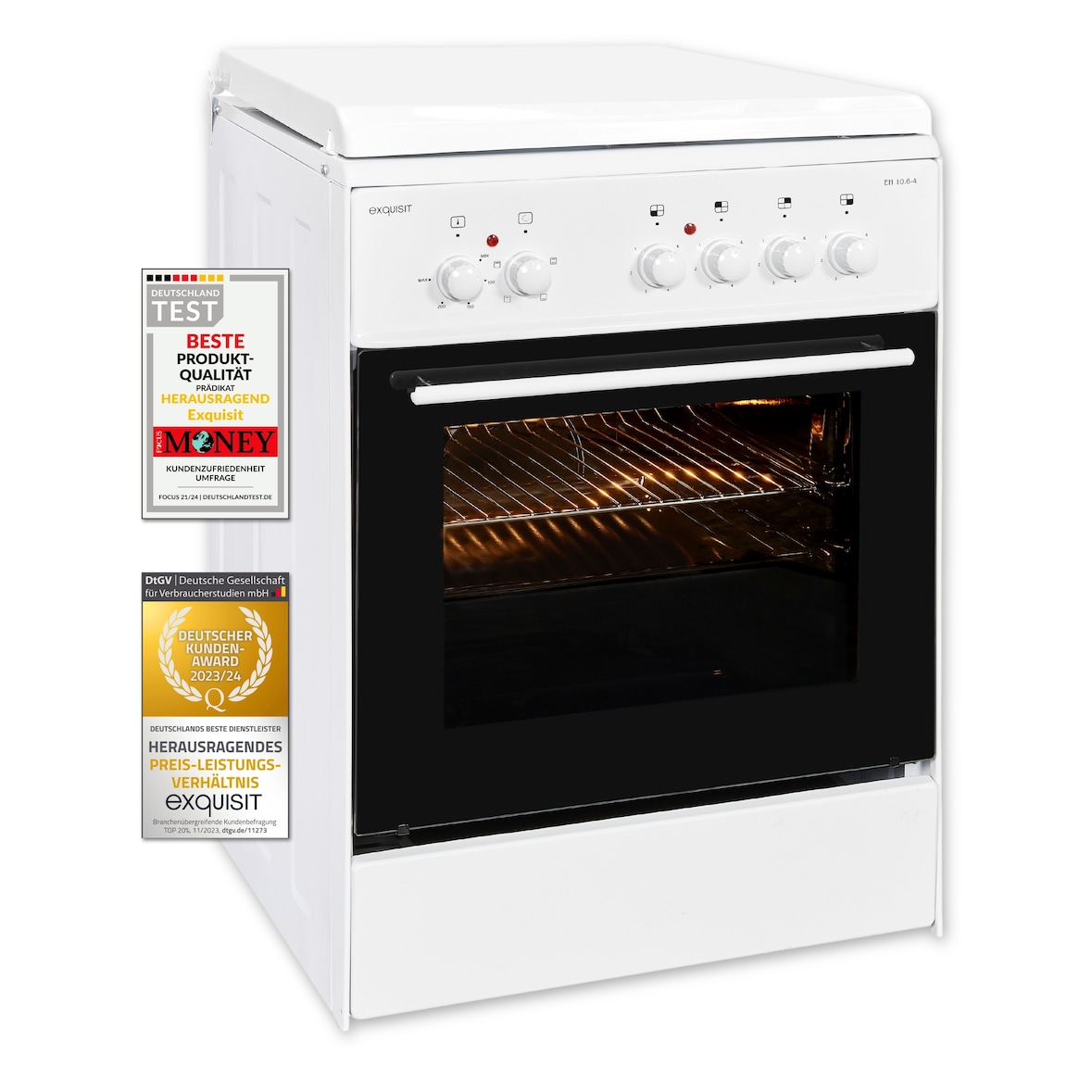 Exquisit EH 10.6-4 Elektro-Standherd |Ober-/Unterhitze | Grill | Backofen-Volumen: 65 l | EEK:  A | Weiß
