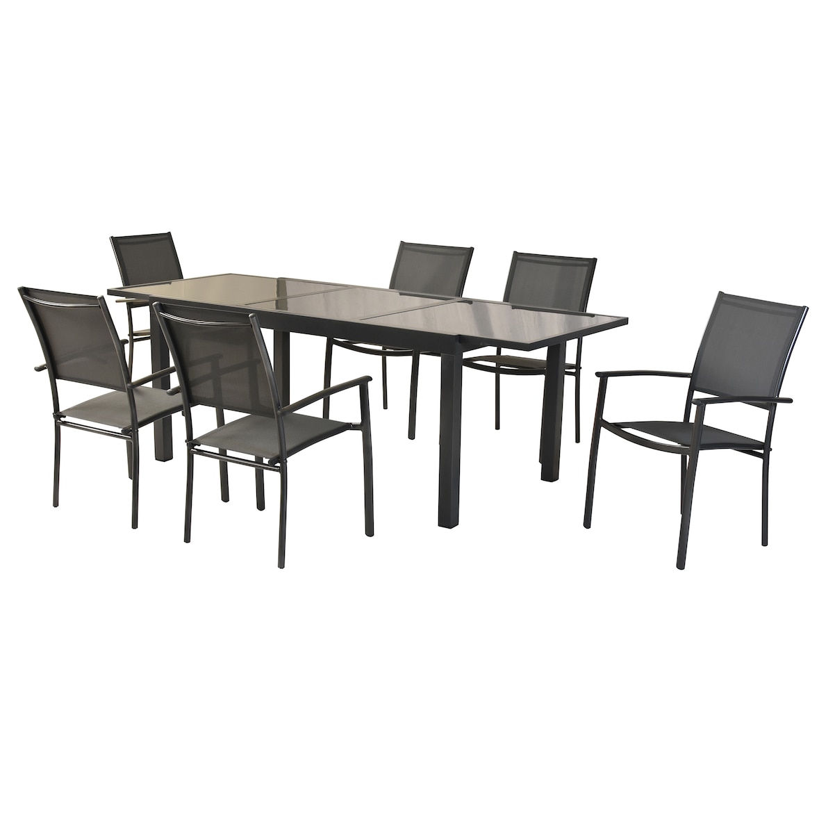 Merxx Milano Set 7tlg., 6 Stapelsessel, 1 Tisch 150(210) x 90 cm, Aluminium, Graphit