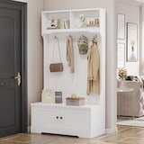 thumbnail of Eingangsschrank Schuhschrank mit Sitzbank 2 Türen 2 offene Fächer 4 Haken Aufbewahrung Flur Modern Weiß 101x183x47