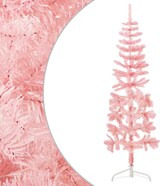 Ein schlanker, rosa Weihnachtsbaum mit weißem Ständer.