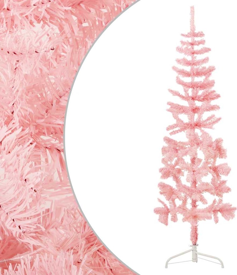 Ein schlanker, rosa Weihnachtsbaum mit weißem Ständer.