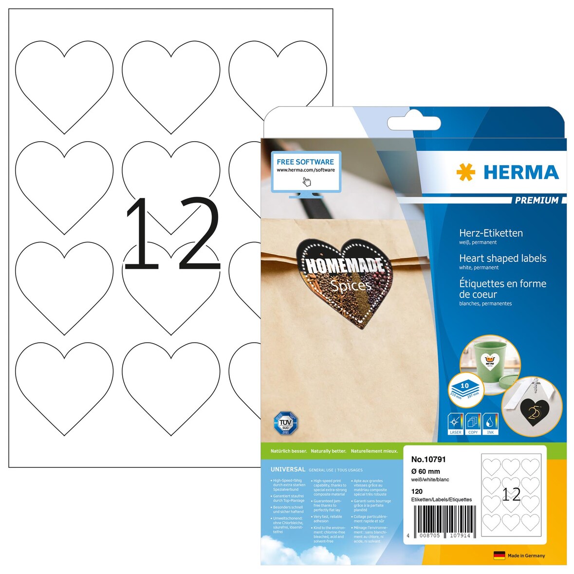 PREMIUM Herz-Etiketten A4, Ø 60 mm, weiß, permanent haftend