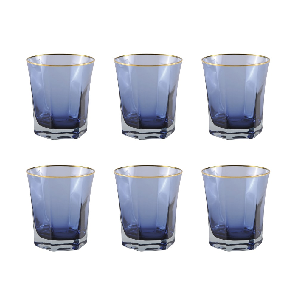 Chopes Basses Bleues Bord Dore - Lot De 6
