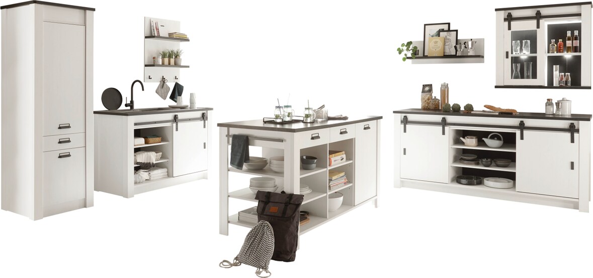 Furn.Design Küche mit Kochinsel in weiß Pinie und anthrazit Landhaus Küchenschrank Set 7-teilig Stove