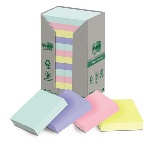 POST-IT® Notes Post-it Recyclées Nature. 38 x 51 mm. 16 blocs, 100 F. Ass : vert, rose, bleu, jaune.