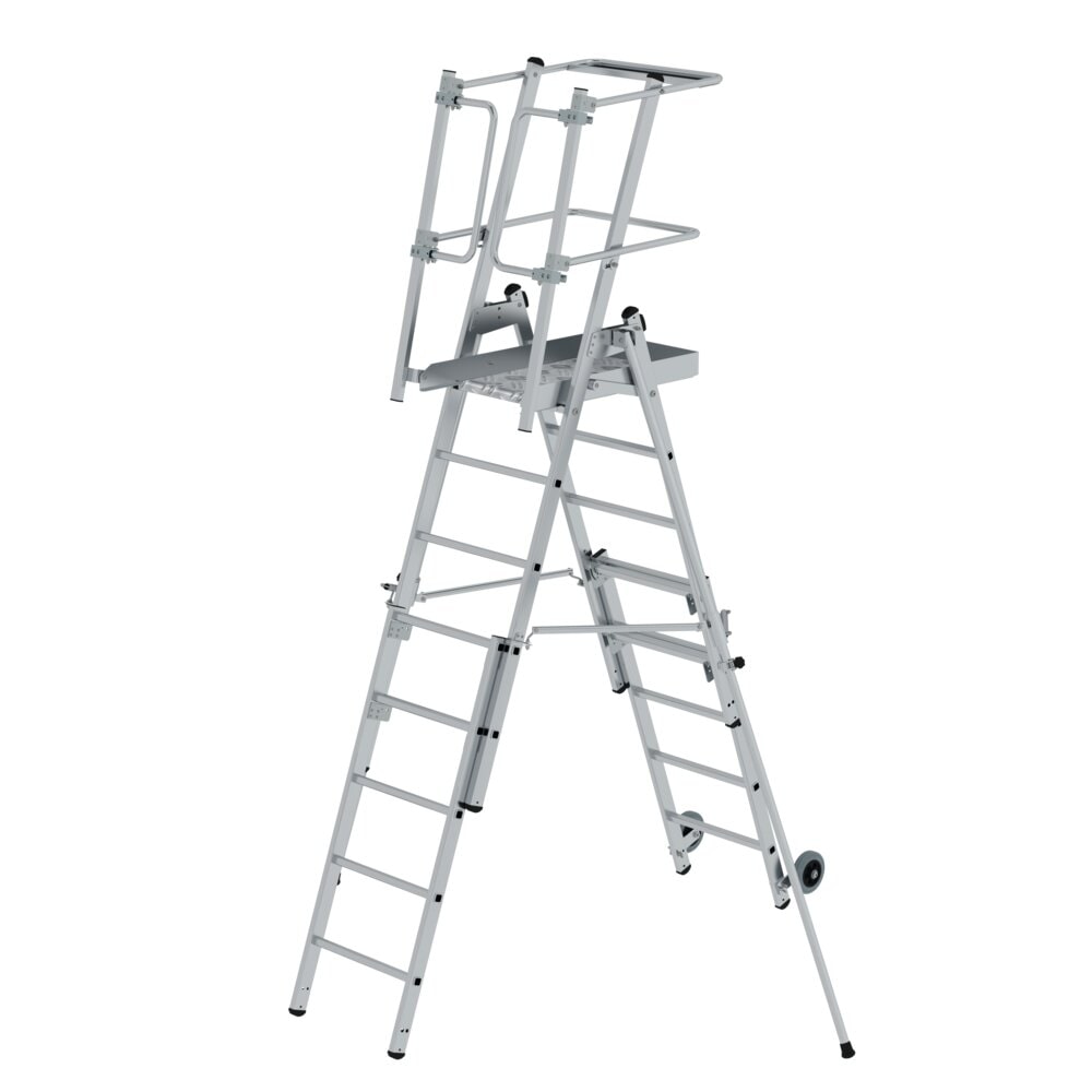 PROREGAL Plattformleiter FlexxStep | 5 Sprossen | mit Teleskopaufsatz plus 3 Sprossen & beidseitigem Handlauf | Aluminium | Rutschsichere Leiterschuhe