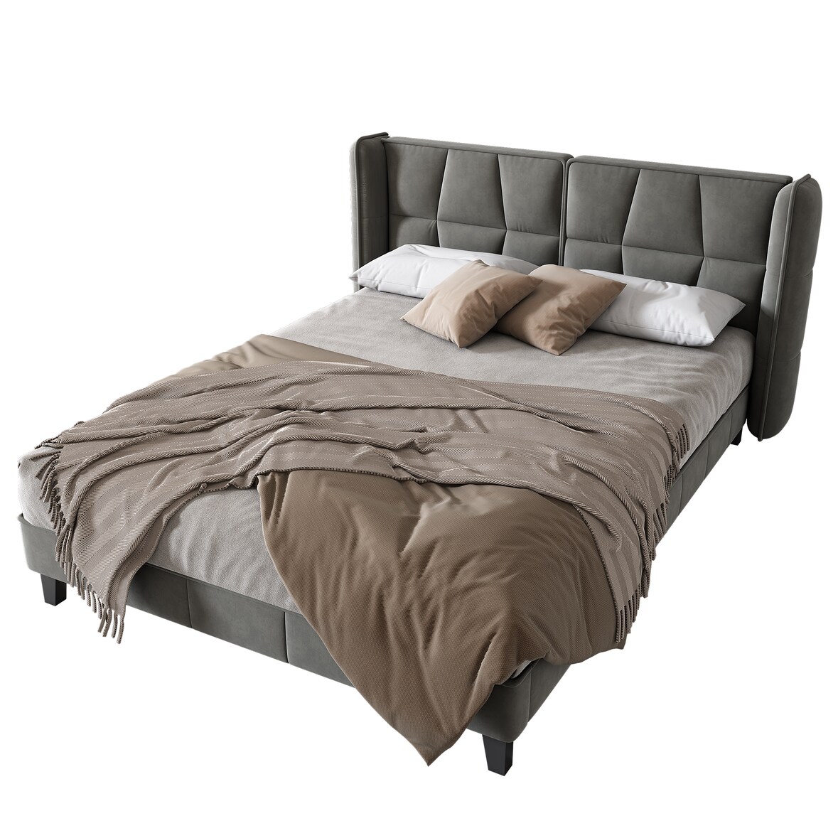 Samt Polsterbett 140x200 cm Boxspringbett mit Kopfteil Lattenrost Stauraum Bettkasten Massivholz Verstellbar Komfort Grau