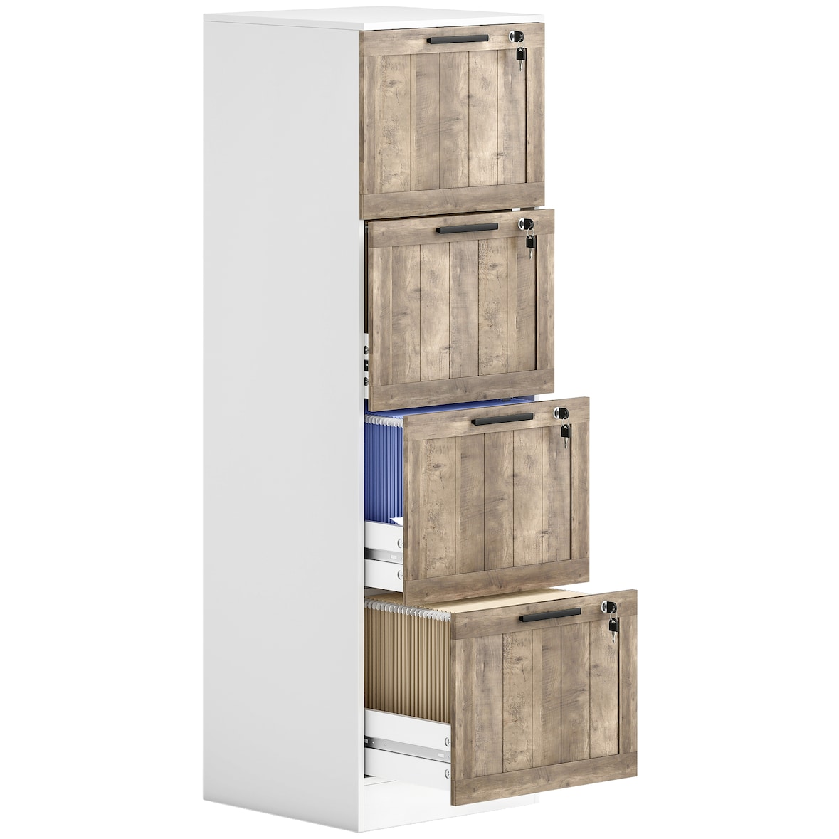 HOMCOM cajonera de oficina con 4 cajones cajonera de escritorio con cerradura 2 llaves barras colgantes para A4 carta 39,4x40x129 cm blanco y madera