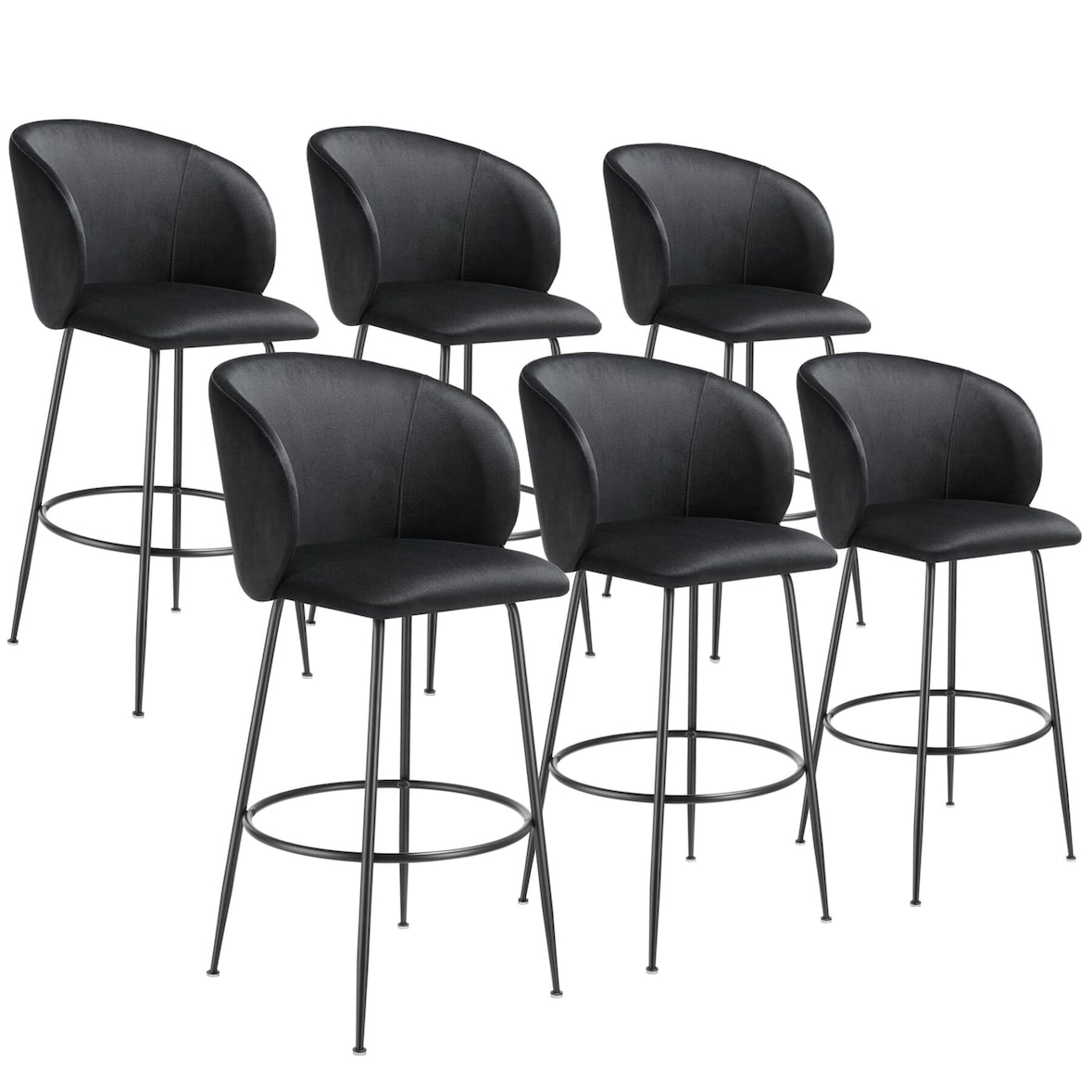 tectake Chaise de bar avec dossier LUANA aspect velours - noir/noir, Lot de 6 - 405865