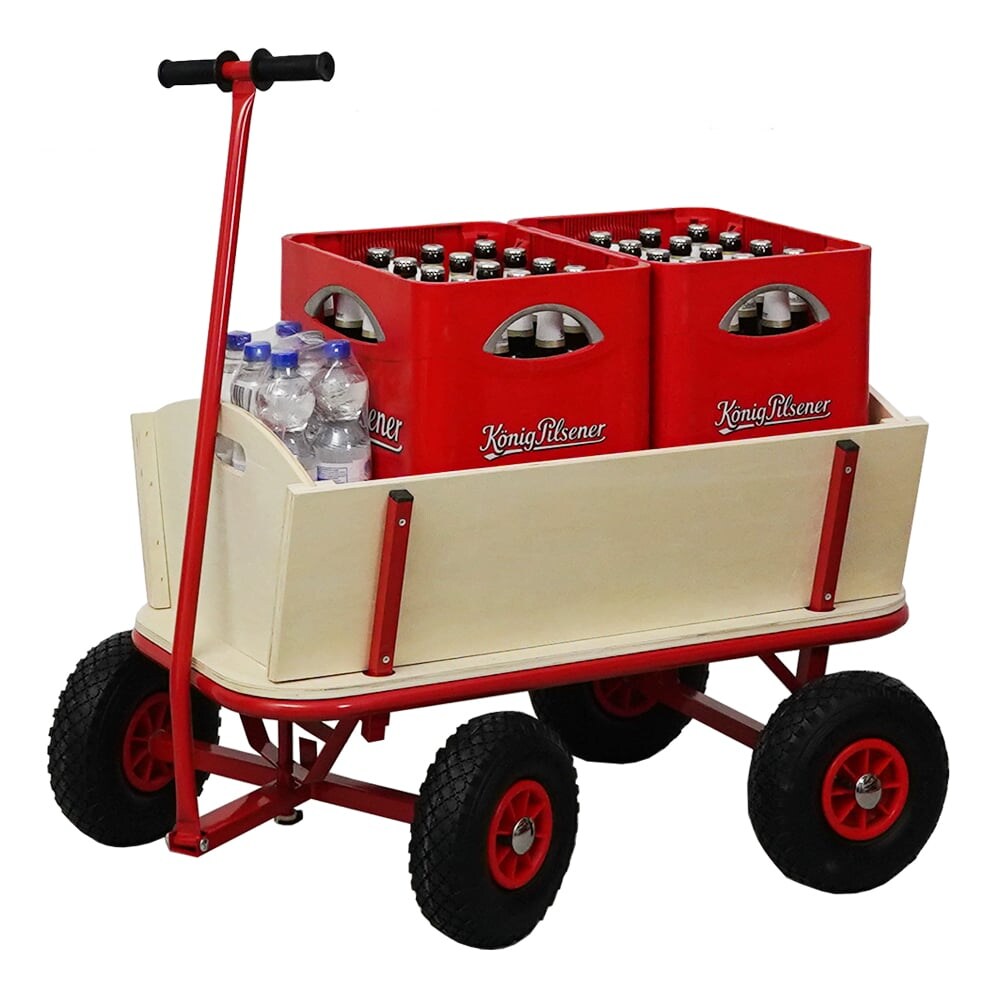 PROREGAL Profi Bollerwagen BOLLY HxBxT 97x90x60cm, Traglast 150kg, Luftbereifung, Rot, Handwagen Holzbollerwagen Transportwagen