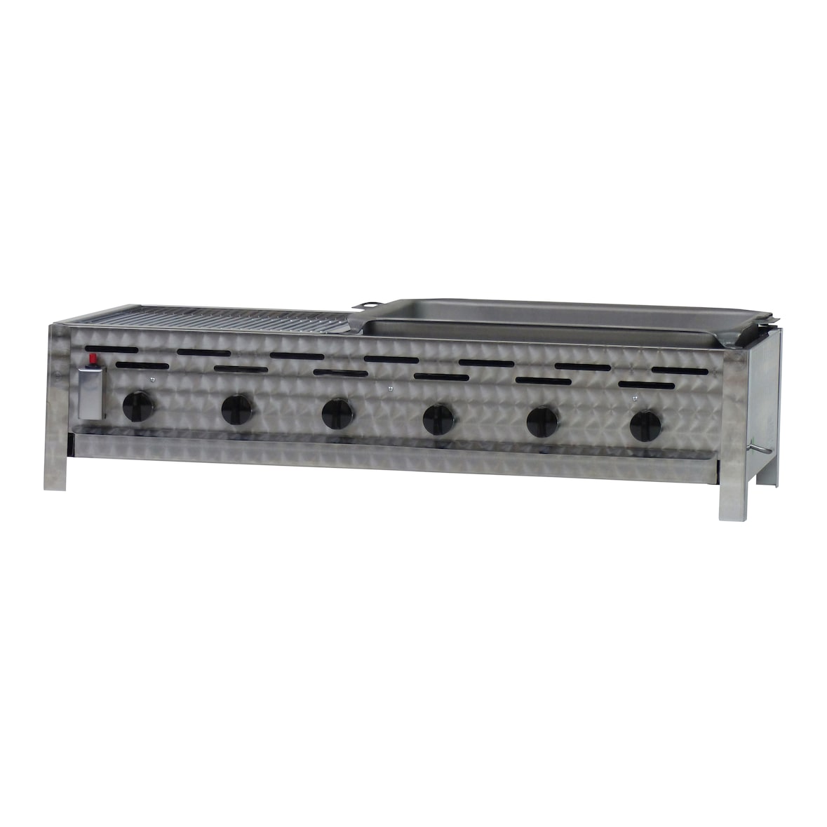 Gastrobräter, 6 Brenner je 4,5 kW, mit Grillrost und Stahlpfanne, B 1140 x T 530 x H 270 mm, inkl. Gewerbedruckregler u. Schlauchbruchsicherung