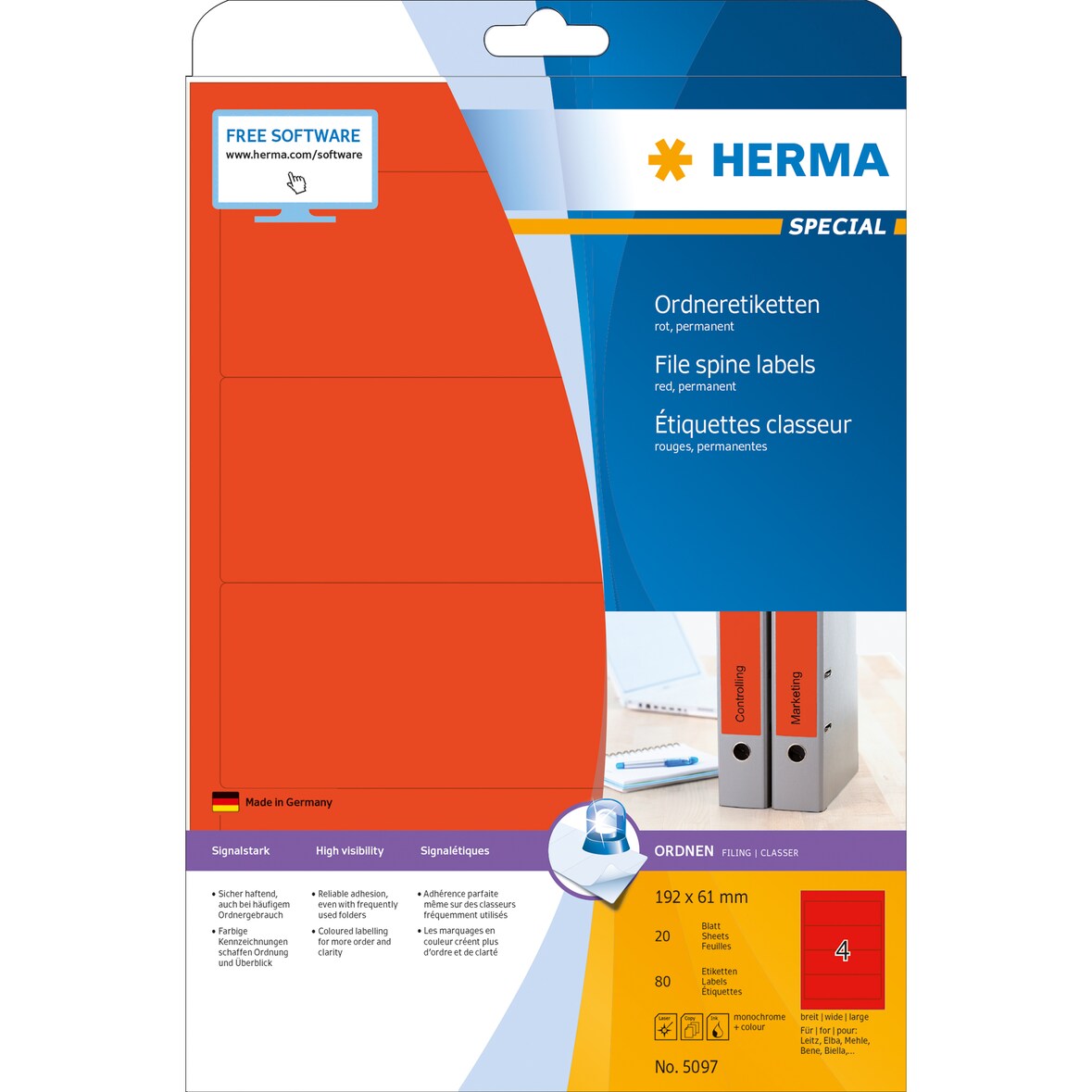 HERMA Ordneretikett 5097 192x61mm sk rot 80 St./Pack.
