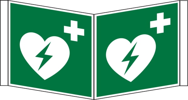 Rettungszeichen, Winkelschild Defibrillator E010 - ASR A1.3 (DIN EN ISO 7010) - 200x200x1 mm Kunststoff nachleuchtend