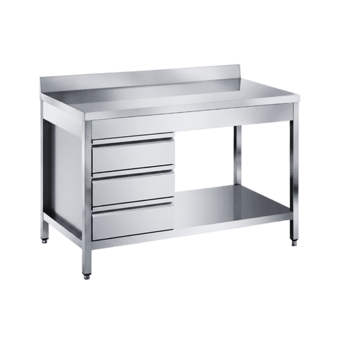 VM Europa Edelstahl Arbeitstisch mit Grundboden, 3 Schubladen links, Premium: 100 x 70 cm / ohne Aufkantung / ohne Zwischenboden