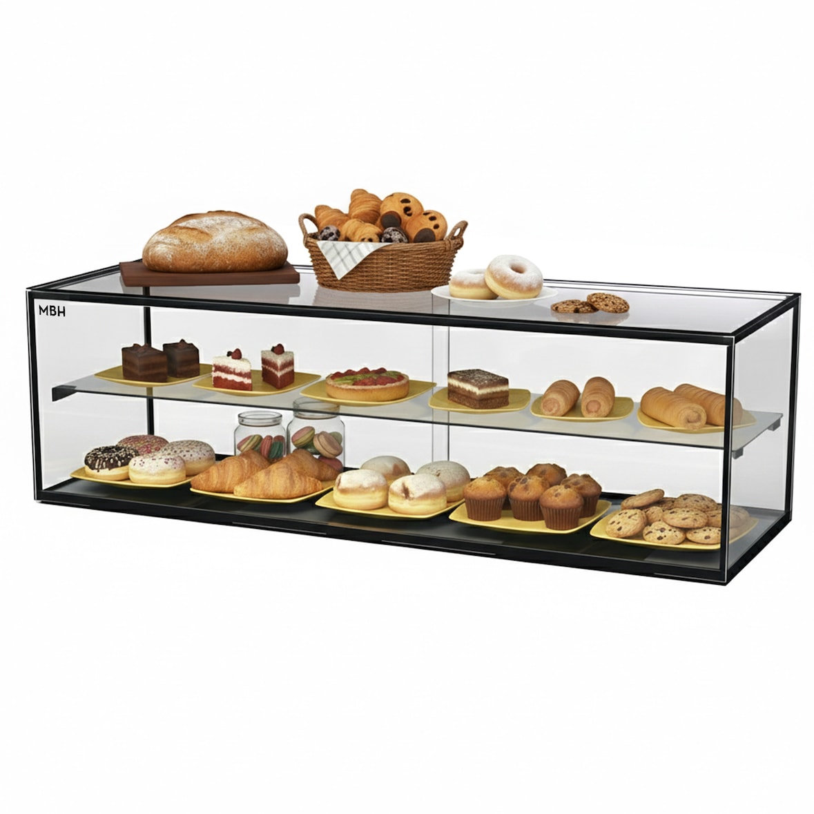 MBH - Vitrina expositora neutra con iluminación LED 120 cm 2 pisos para hostelerí­a. Expositor neutro de cristal para bollerí­a y reposterí­a.