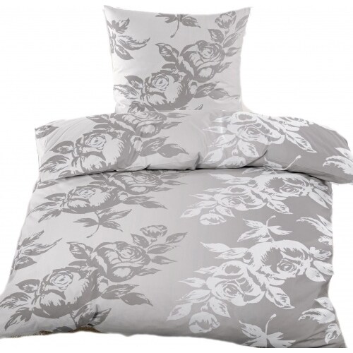 2-tlg. Biber Winter Bettwäsche 135 x 200 + 80x80 cm, Baumwoll Mischgewebe, grau weiß, Blütenmuster
