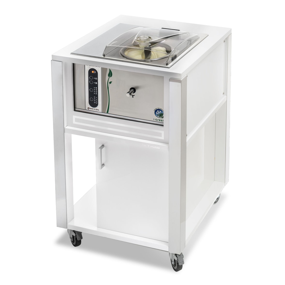 Mantecatore automatico su carrello. Produzione 5 kg/ora. Vasca fissa con scarico. Struttura inox. Raffreddamento aria. Modello Gelato 5K T-Mobile