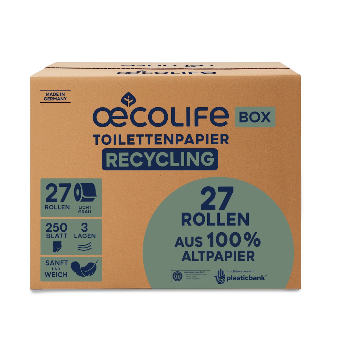 Toilettenpapier oecolife Recycling 1592703 3-lagig 250 Blatt 27 Rollen