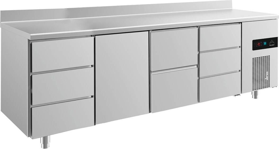 Gastro Kühltisch 2 Schubladen mittig je 3 Schubladen links&rechts 1 Tür Mitte, Aufkantung, Umluftkühlung 2330x700x850mm -2/+8°C 632l