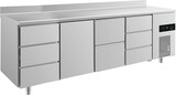 thumbnail of Gastro Kühltisch 2 Schubladen mittig je 3 Schubladen links&rechts 1 Tür Mitte, Aufkantung, Umluftkühlung 2330x700x850mm -2/+8°C 632l