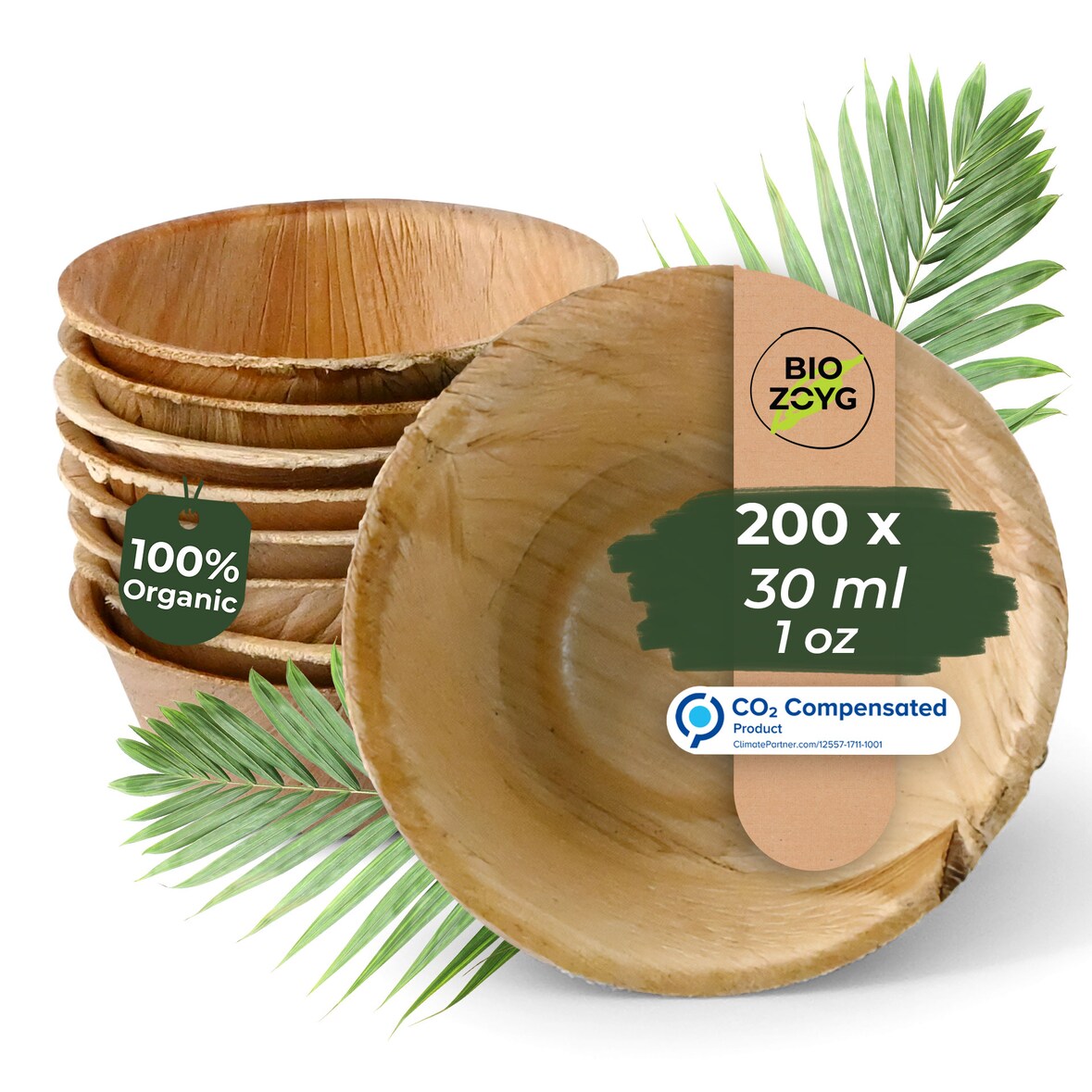 BIOZOYG 200 Stück Dipschälchen 30ml rund Einwegschälchen Palmblattschälchen Snackschälchen, kompostierbar, ideal für Fingerfood und Snacks