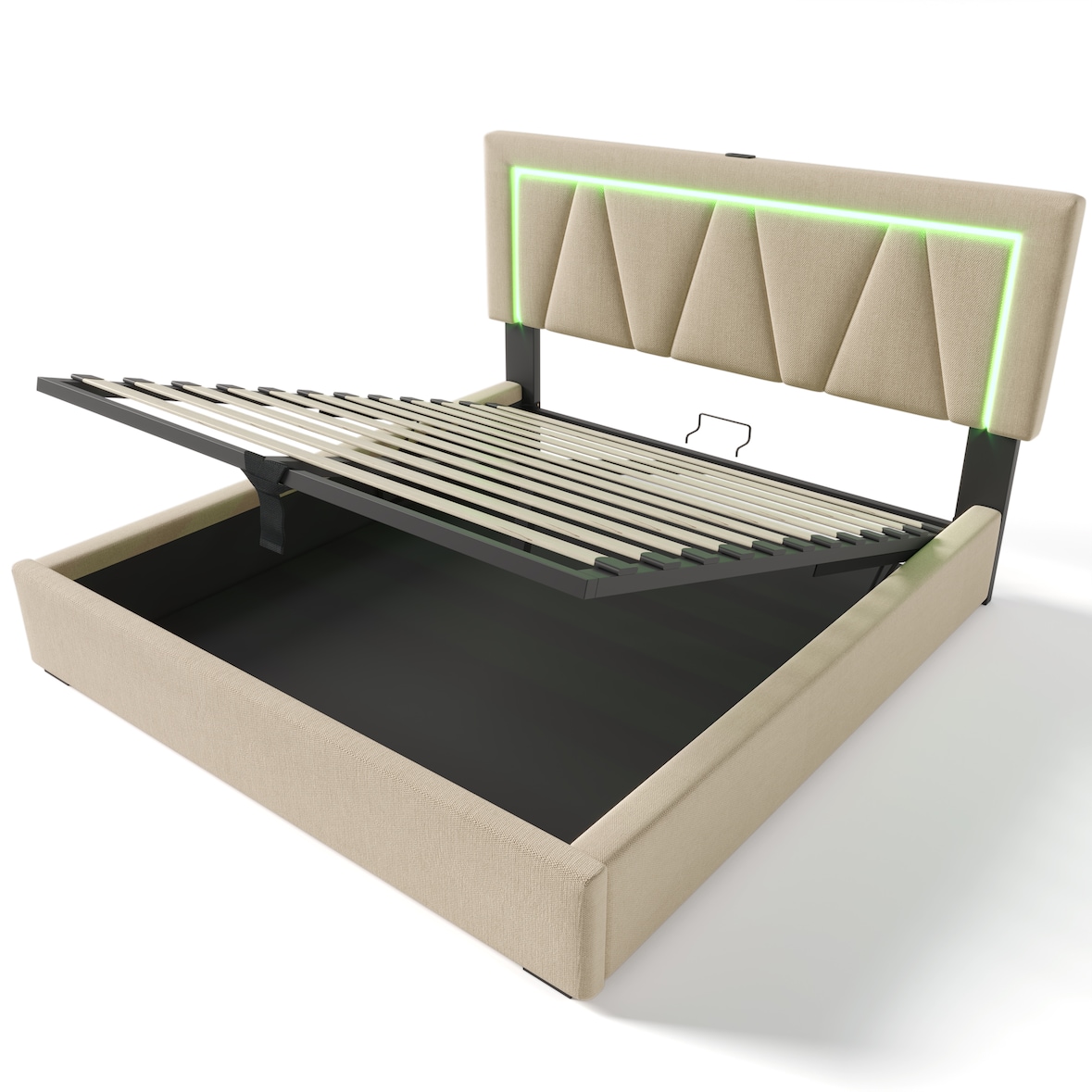 Merax Polsterbett LED Doppelbett mit USB Typ C Ladefunktion und LED-Beleuchtung, Leinen 140x200 (Ohne Matratze) Beige
