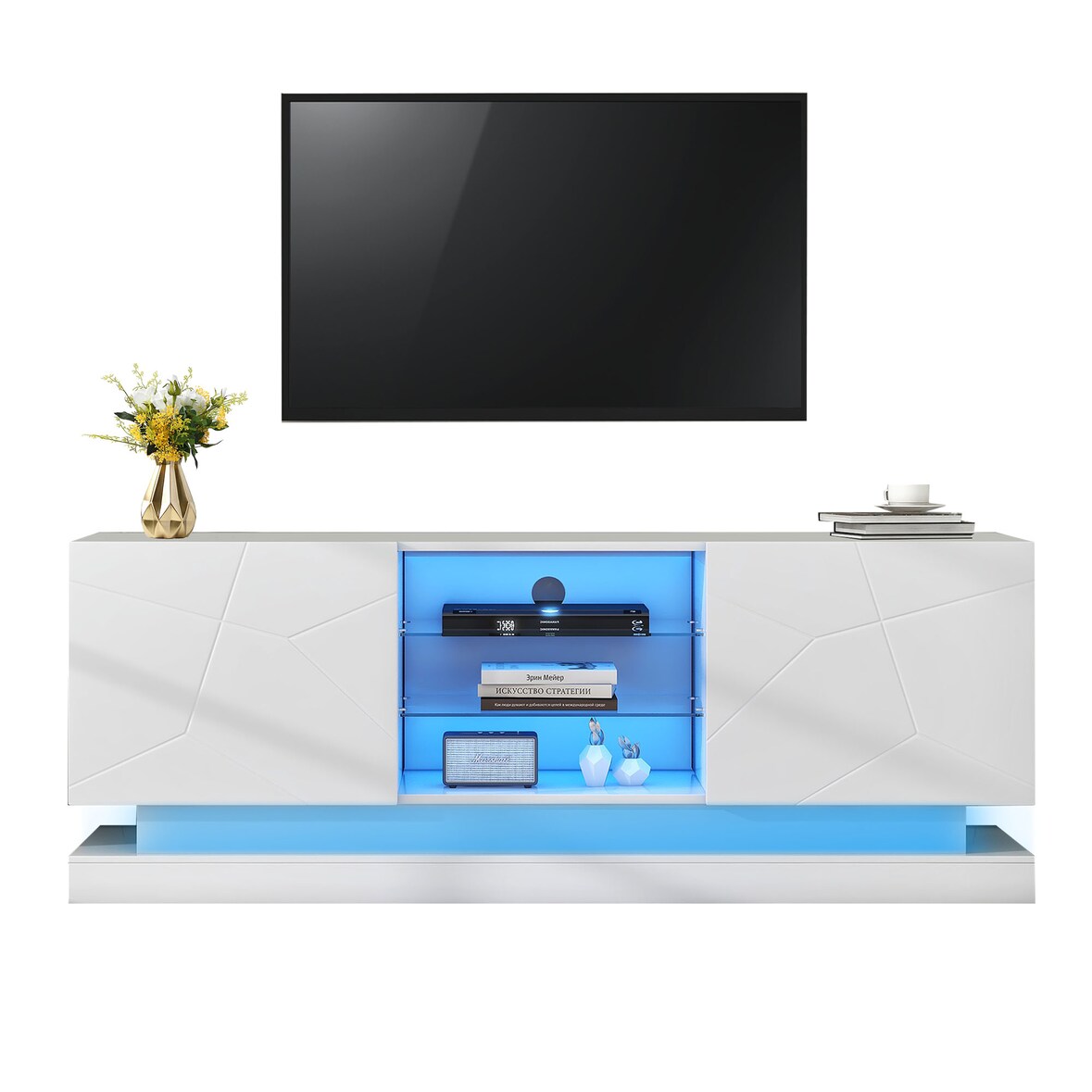 TV-Schrank 160x38x60 cm Weiß Spanplatte 2 Türen 3 verstellbare Böden geräuschlose Scharniere Kabelmanagement Stauraum für 70-Zoll-TV