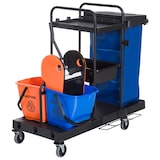 thumbnail of Carro de Limpieza Profesional de 3 Estantes con Escurridor de Palanca y 2 Cubos de Fregar Bolsa Ruedas 111x63,3x103 cm Negro Azul y Naranja