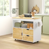 thumbnail of Küchenwagen Servierwagen Eiche 107x50x85 cm mit Kautschukholz Arbeitsplatte 2 Schubladen Schrank offenem Fach Rollen Soft Close