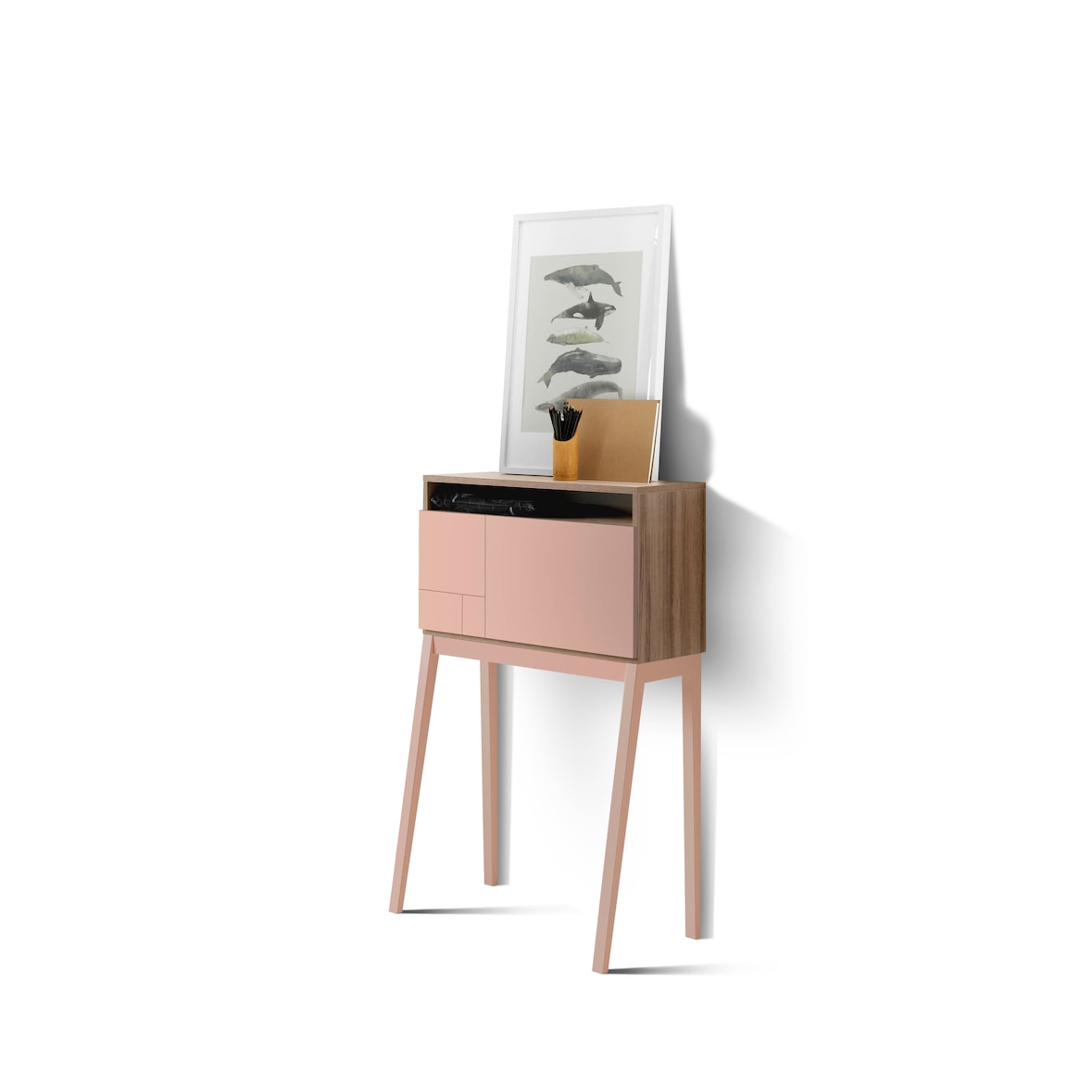 Escritorio 630 modelo BRISTOL en melamina Nogal con puerta abatible y patas de haya rosa maquillaje, de HERDASA.