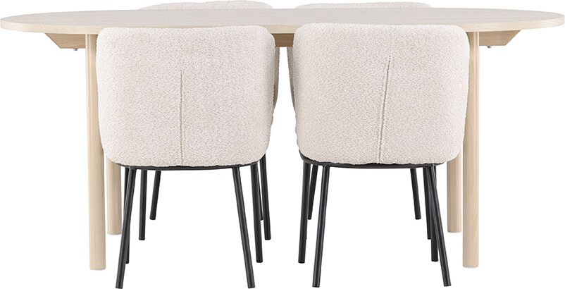 Andy Essgruppe Tisch 90x180cm und 4 Boucle Stühle whitewash.