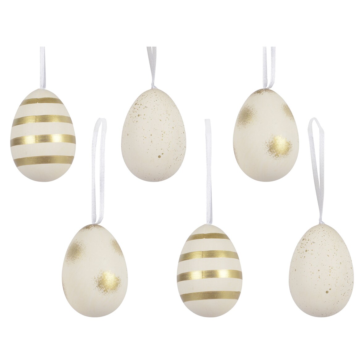 6 Ostereier zum Aufhängen 6x9cm bruchfeste Plastikeier Kunststoffeier Osterdeko Kunststoff  Deko Eier Hängend Hängedeko Frühlingsdeko Weiß Gold