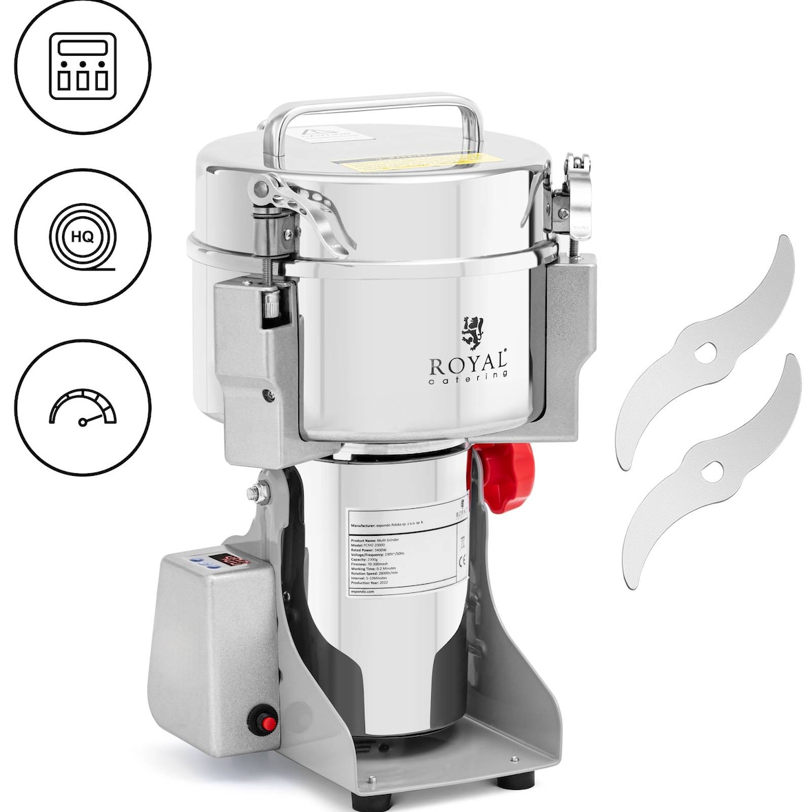 Royal Catering - Royal Catering RCMZ-2000D Moulin à épices électrique 2000 g 21 x 9.5 cm 3400 W numérique Moulin à épices électrique professionnel