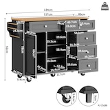 thumbnail of Küchenwagen Servierwagen Schwarz 134x46x92 cm mit 5 Schubladen Schrankfächern und Seitenregalen, mobil oder fest nutzbar, MDF Platte